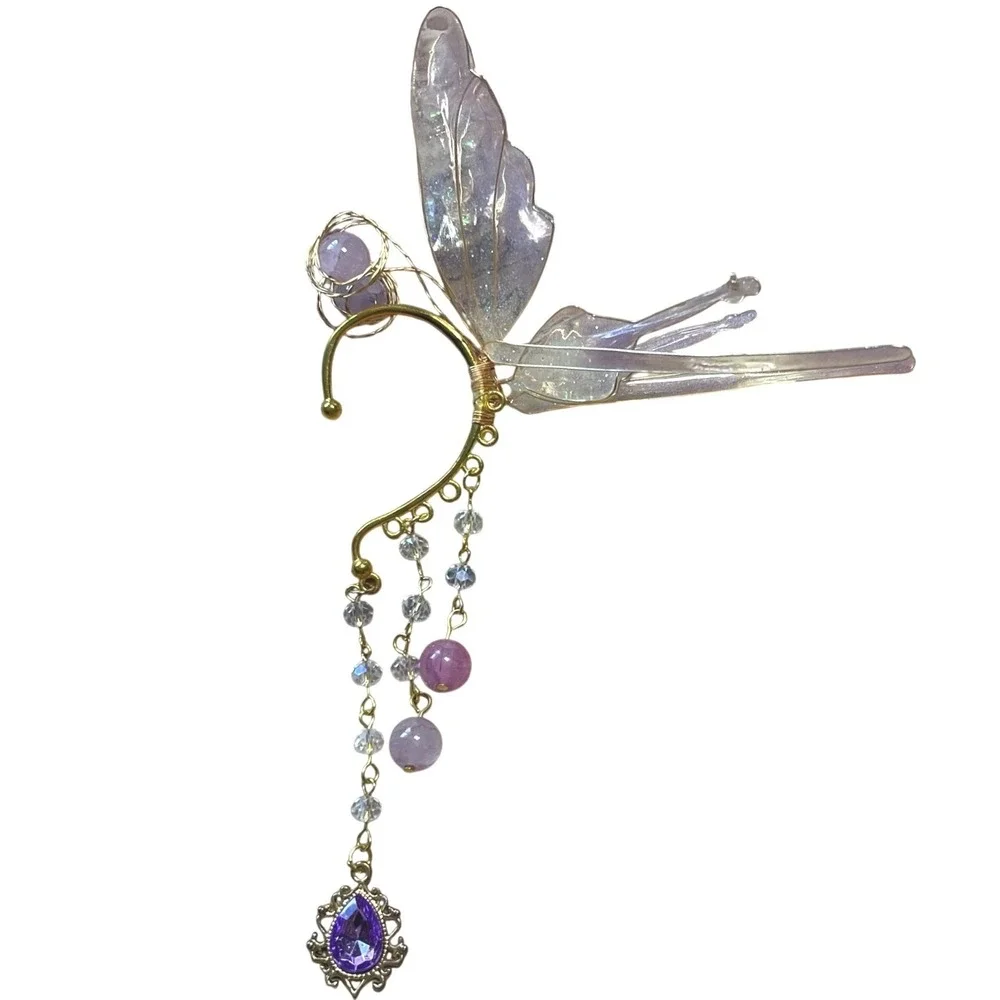 Purple Iridescent Fairy Wing Ear Cuff Gold Tone Dangle Crystal Fantasy Wrap